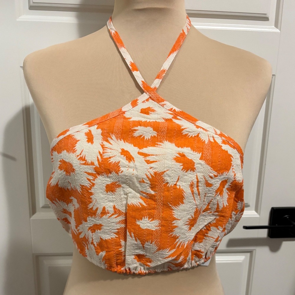 Olivaceous Halter Crop Top Womens S Orange White Floral Tie Back Boho Tropical